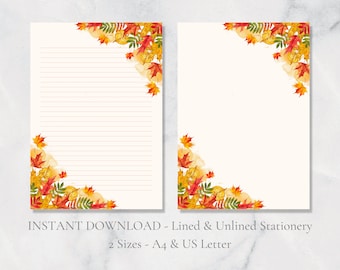 Fall Leaf Corner Printable Stationery Autumn Leaves Stationery Woodland A4 and US Letter Lined & Plain Instant Download PDF Stationery