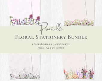 BUNDLE Floral Printable Stationery Summer Paper Spring Writing Paper Flower Set A4 US Letter Instant Download Country Garden Writing Paper