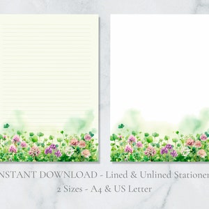 Papelaria para impressão de campo de trevo, papel de carta floral, papel de carta para escrita de natureza, papel de carta para prado, papel de carta A4 dos EUA, download instantâneo, Lucky