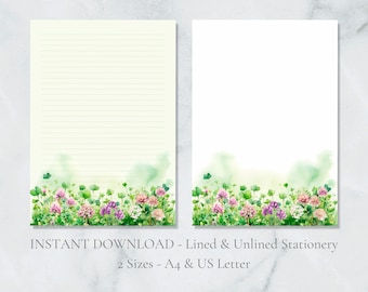 Clover Field Printable Stationery Floral Stationary Nature Writing Paper Meadow Letter Writing Paper A4 US Letter Instant Download Lucky