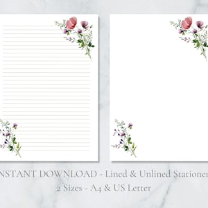 Papelería imprimible con ramo rojo y morado, papelería floral, papel para escribir con flores, papel para escribir cartas, tamaño A4, descarga instantánea.