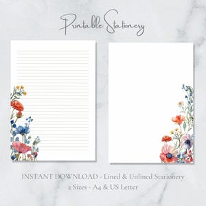 Papelería imprimible con flores vibrantes, papel botánico de acuarela, tamaño A4, carta de EE. UU., descarga instantánea, diario con flores de verano brillantes.