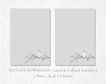 Snowy Owl on Branch Printable Stationery Winter Stationary Snow Writing Paper Letter Writing Paper A4 US Letter Instant Download Christmas
