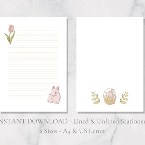 Papelería imprimible de conejito de Pascua, tulipán, papel de carta imprimible, lindo papel de primavera para escribir cartas, tamaño A4, descarga instantánea.