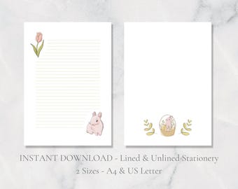 Easter Bunny Printable Stationery Tulip Printable Stationary Paper Cute Spring Letter Writing Paper A4 US Letter Instant Download