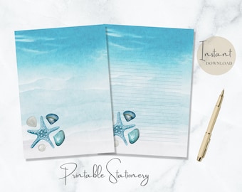 Sea Shell Ocean Printable Stationery Watercolor Stationary Summer Writing Paper Beach Letter Writing Paper A4 US Letter Instant Download