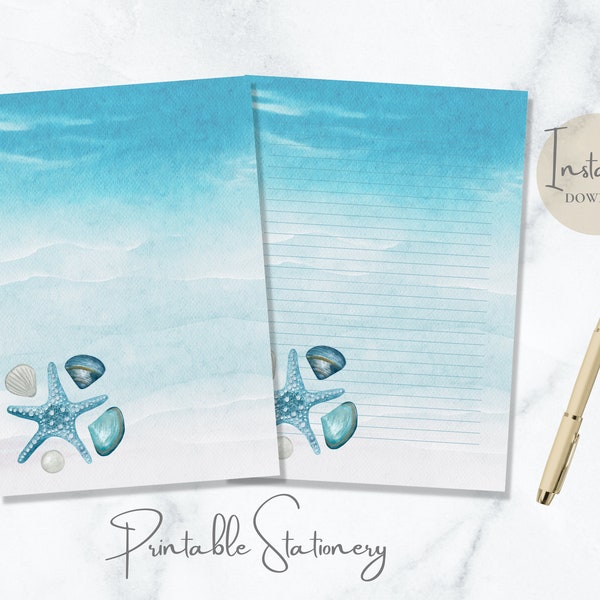 Sea Shell Ocean Printable Stationery Watercolor Stationary Summer Writing Paper Beach Letter Writing Paper A4 US Letter Instant Download