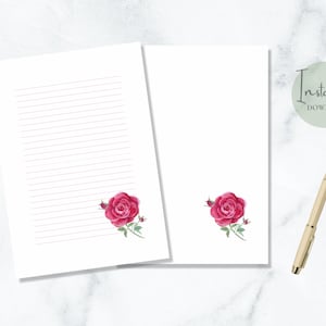 Papelaria para impressão de rosas vermelhas, papel de carta para namorados, aquarela, papel de carta floral, papel de carta A4, download instantâneo