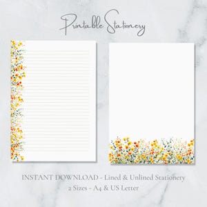 Papelería imprimible Sunshine Meadow, papel de escritura botánico con acuarela floral amarilla, tamaño A4, carta estadounidense, descarga instantánea, flores silvestres de verano