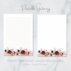 Donkerrode rozen afdrukbaar briefpapier bordeaux bloemen stationair natuur briefpapier romantische brief briefpapier A4 Instant Download Gothic
