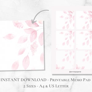 Bloco de notas para impressão de folhas rosas em aquarela, conjunto de notas botânicas, papel para impressão, post-it, carta A4, download instantâneo