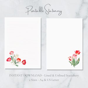 Papelería imprimible con tulipanes rojos, papel botánico para escribir, tamaño A4, carta de EE. UU., descarga instantánea, flores rojas de primavera, estilo cottagecore, páginas de diario basura