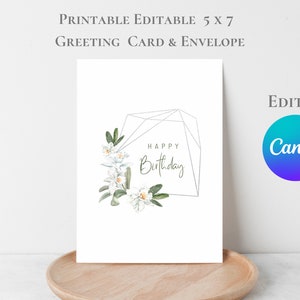 Editable Greeting Card 5 X 7  White Orchid Printable Card Floral Birthday Card Congratulations A4 US Letter Edit in Canva Template Thank You