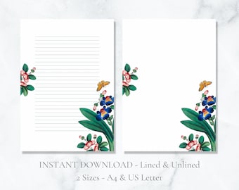 Vintage Floral Printable Stationery Butterfly Stationary Botanical Writing Paper Flower Letter Writing Paper A4 US Letter Instant Download
