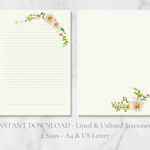 Papelería imprimible con margaritas, papel de papelería floral, papel para escribir cartas con flores, tamaño A4, descarga instantánea, papelería de primavera