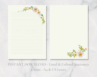 Daisy Printable Stationery Floral Printable Stationary Paper Flower Letter Writing Paper A4 US Letter Instant Download Spring Stationery