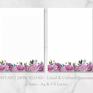 Carta da lettere stampabile con peonie e api, carta da lettere floreale, carta da lettere con animali selvatici, formato A4, download immediato.