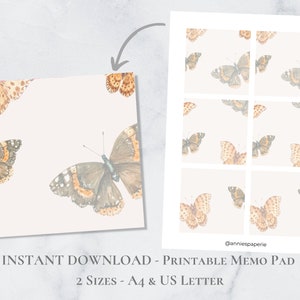 Bloco de notas imprimível de borboleta, conjunto de notas da natureza, aquarela, papel de notas botânicas, impressão Post It, carta A4 EUA, download instantâneo