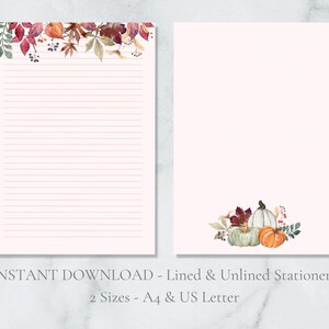 Papelería imprimible con hojas de otoño y calabazas. Papelería otoñal. Papel de carta con diseño de cosecha otoñal, tamaño A4 y carta de EE. UU., rayado y liso. Descarga instantánea en PDF.