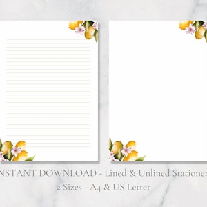 Papelaria para impressão de limões, aquarela, frutas, natureza, papel de carta, cítricos, papel de carta, A4, EUA, download instantâneo