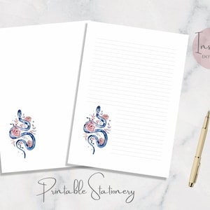 Papelería imprimible con diseño de serpiente, papelería floral, papel de acuarela, papel para escribir cartas de animales, tamaño A4, carta estadounidense, descarga instantánea