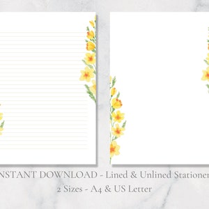 Papelería imprimible con flores amarillas, papelería floral, papel botánico, papel para escribir cartas de primavera, tamaño A4, descarga instantánea.