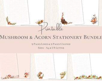 BUNDLE Mushroom Stationery Acorn Printable Autumn Leaf Stationary Paper Fall Writing Paper Set A4 US Letter Instant Download Nature Paper