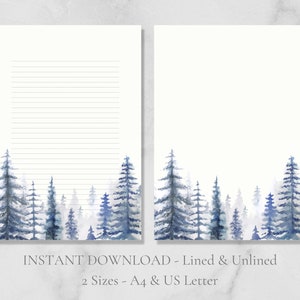 Papelería imprimible con diseño de pinos en acuarela, papel de escribir con paisajes, papel de escribir azul festivo, tamaño A4, carta estadounidense, descarga instantánea.
