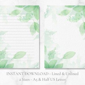 Papel de carta A5 dos EUA com folhas de aquarela para impressão, papel de carta botânico para escrita, papel de carta verde para download instantâneo