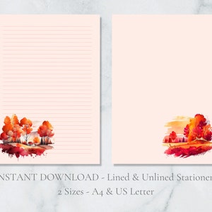 Herbst Szene Druckbare Briefpapier Bäume Herbst A4 und US Letter Lined & Plain Instant Download PDF Danksagungs-Blätter