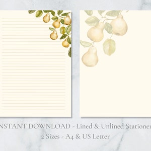 Papelería imprimible con diseño de peras doradas, acuarela, frutas, papelería, naturaleza, papel para escribir cartas, tamaño A4, EE. UU., descarga instantánea