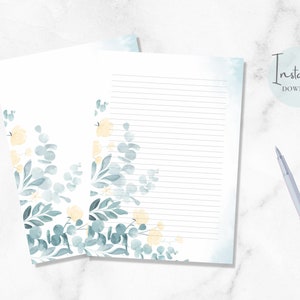 Papelaria floral aquarela para impressão flor folha papelaria botânica papel para escrever carta papel para escrever carta A4 EUA download instantâneo