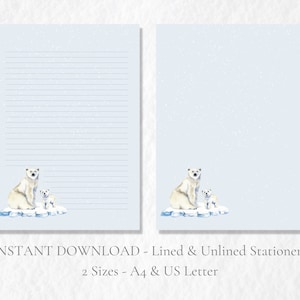 Papeterie imprimable Ours polaires dans la neige hiver Iceberg stationnaire lettre papier à lettres lettre US A4 téléchargement immédiat Noël