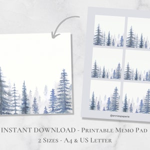 Bloc de notas imprimible con diseño de pinos en acuarela, paisaje invernal, papel adhesivo imprimible tamaño A4, tamaño carta, descarga instantánea.