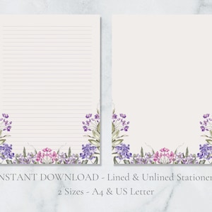 Papelaria para impressão botânica rosa e roxa, papel de carta floral, papel de carta A4, download instantâneo