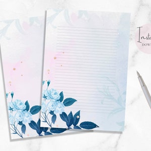 Afdrukbaar briefpapier blauwe rozen Bloemen stationair Blauw briefpapier Roze brief briefpapier A4 US Letter Direct downloaden