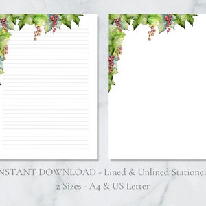 Papelería imprimible de grosella roja, papelería de frutas, acuarela, bayas, papel para escribir, planta, papel para escribir cartas, tamaño A4, EE. UU., descarga instantánea