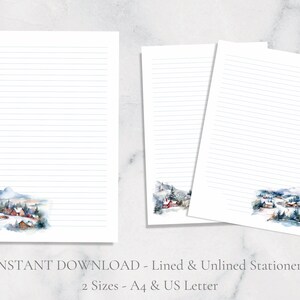 Scena invernale, carta da lettere stampabile, carta da lettere festiva, carta da lettere natalizia, formato A4, download istantaneo, montagne