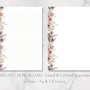 Carta da lettere stampabile floreale con bordo floreale, carta da lettere per lettere primaverili ed estive, formato A4, formato US, download immediato