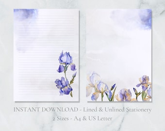 Purple Iris Printable Stationery Spring Flowers Stationary Spring Writing Paper Floral Letter Writing Paper A4 US Letter Instant Download
