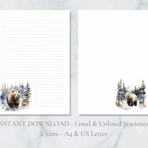 Papelaria para impressão de urso pardo de inverno, papelaria para natureza, carta de neve, papel de carta A4, download instantâneo, cena de natal, floresta
