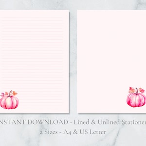 Papelería imprimible de calabaza rosa Papelería de otoño Papelería de otoño linda Papelería A4 y carta de EE. UU. Rayada y lisa Descarga instantánea PDF Papelería