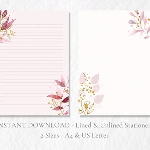 Papelaria para impressão com folhas de ouro e rosa, papelaria festiva, carta botânica, papel de carta A4, download instantâneo de Natal