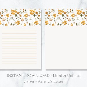 Yellow Floral Printable Stationery Stationary Flower Pattern Writing Paper Leaf Letter Writing Paper A4 US Letter Instant Download