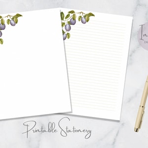 Papelaria para impressão de ameixas, papelaria de frutas, papel de carta da natureza, papel de carta de árvore, papel de carta A4 dos EUA, download instantâneo, jardim de frutas roxo