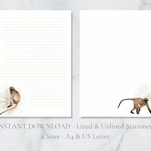 Papelería imprimible de monos, papelería de animales, papel de escritura de acuarela, papel de escritura de cartas de primates, tamaño A4, carta estadounidense, descarga instantánea, tropical