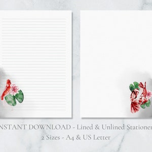 Papelaria para impressão de lago de peixes japoneses, carpa, nenúfar, flor de lótus, carta da natureza, papel de carta A4, download instantâneo