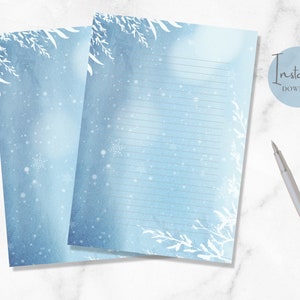 Papelería imprimible con hojas de invierno, acuarela, copos de nieve, papel de escribir azul, papel para escribir cartas, tamaño A4, carta estadounidense, descarga instantánea