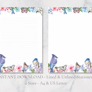 Carta da lettere stampabile con uccelli, fiori, insetti, fauna selvatica, farfalle, carta da lettere, formato A4, formato US, download immediato