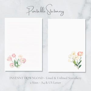 Papelería imprimible PinkTulips, papel botánico para escribir, tamaño A4, carta de EE. UU., descarga instantánea, flores de primavera rosas, páginas de diario basura Cottagecore